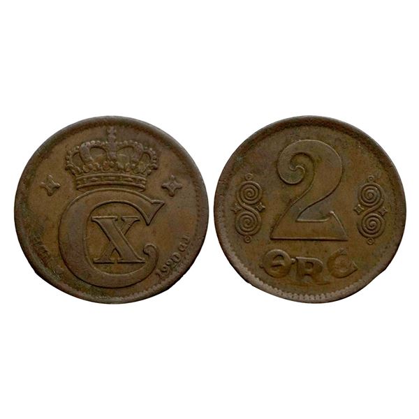 Copper coin of Denmark, Obverse : Crowned CX monogram, date and mintmark below , Reverse : Value, tw