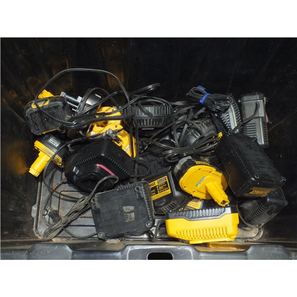 Tote Of Assorted Dewalt Chargers & Batteries