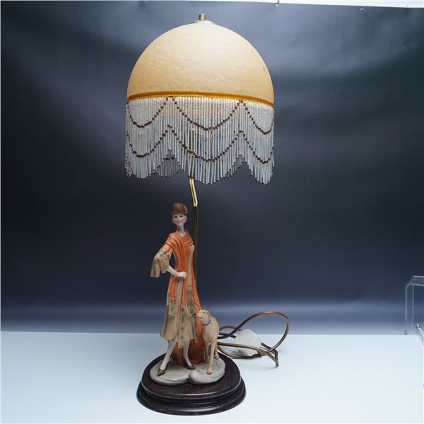 Art Nouveau Figural Lamp with Beaded Shade