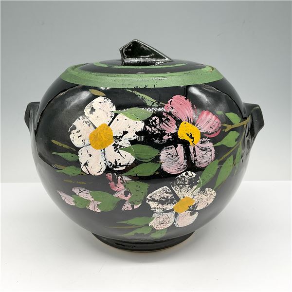 Deco Ball Pottery Canister with Lid, Pink Flowers