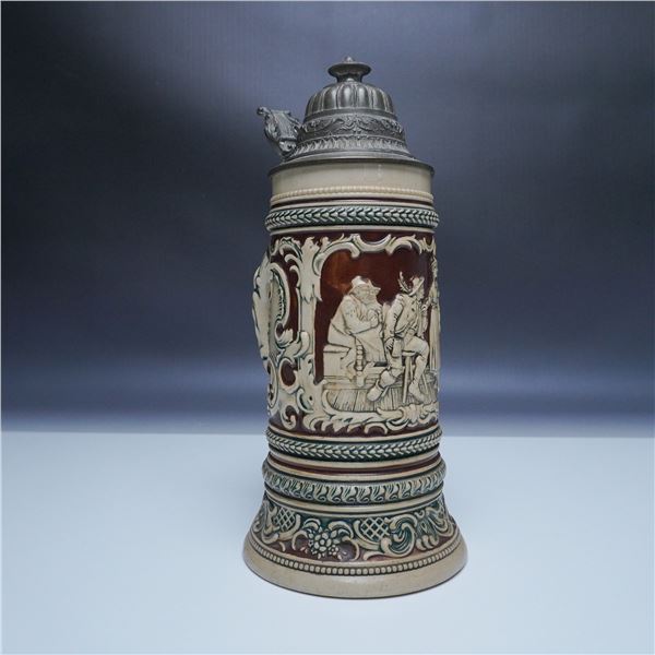 German Relief Beer Stein with Pewter Lid