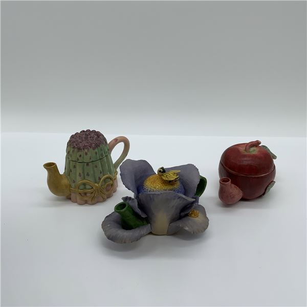 3pc Ceramic Teapot Mini Doll House, Apple, Iris, Cactus