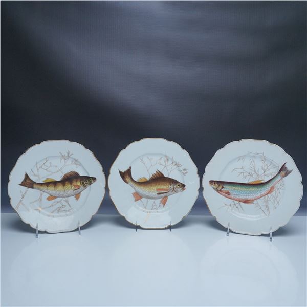 3pc CFH GDM Limoges Porcelain Fish Plates