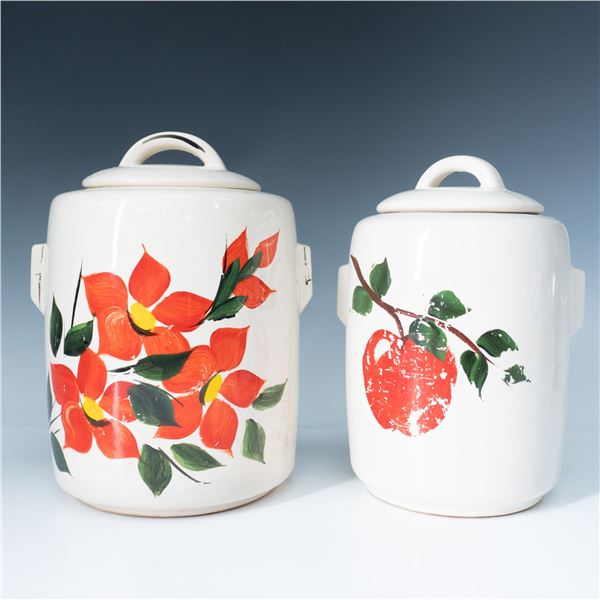 2pc McCoy Pottery Canisters, Red Flowers with Lids