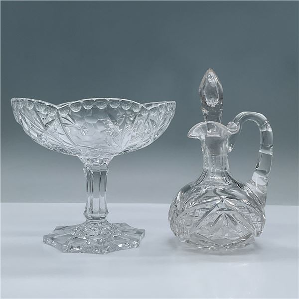 2pc Cut Glass Compote and Oil Cruet with Stopper