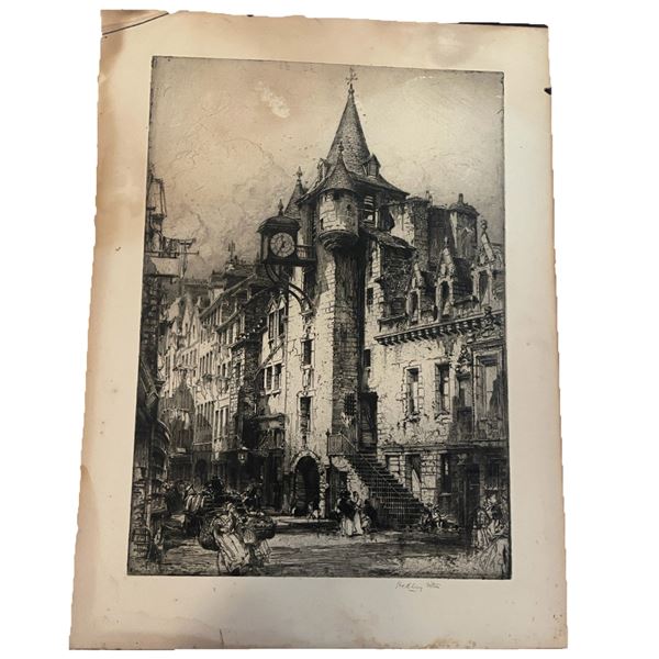 Hedley Hilton, Wood Block Etching on Paper, Bustling Parisian Street Scene