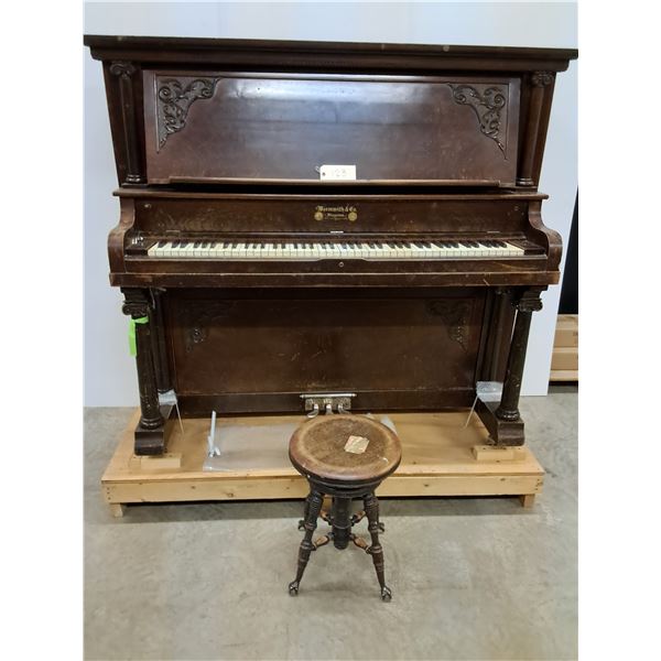 Wormwith Co. Antique Upright Piano w/ Eagle Claw Glass Globe Stool - As Is