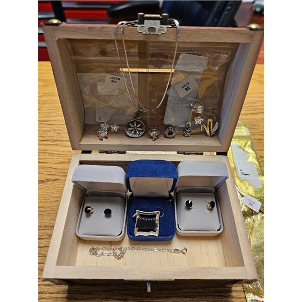 Jewelry Collection in Decorative Wooden Chest with Assorted Pieces and Accessories