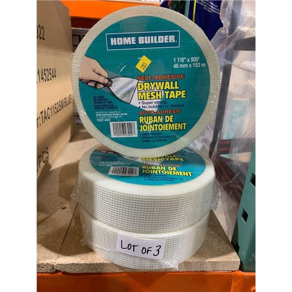 Lot of 3 Rolls of Home Builder Self-Adhesive Drywall Mesh Tape, 1 7/8 in x 500 ft