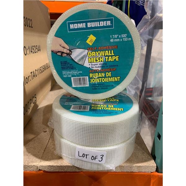Lot of 3 Rolls of Home Builder Drywall Mesh Tape, Self-Adhesive, 1 7/8 in x 500 ft