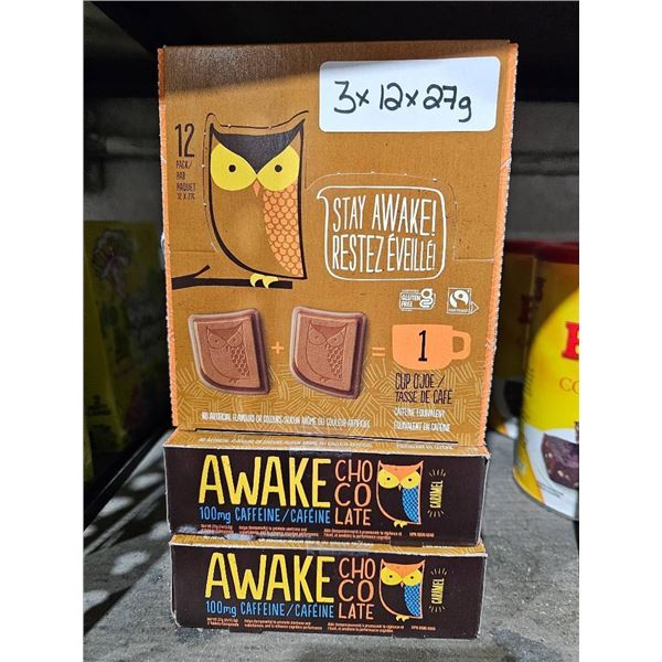 Awake Chocolate Bars 3x 12-Pack 27g Each with 100mg Caffeine