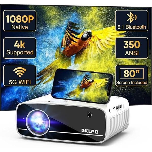 4K Projector with 5G WiFi and Two-Way Bluetooth, Native 1080P Portable Outdoor Movie Projector with 