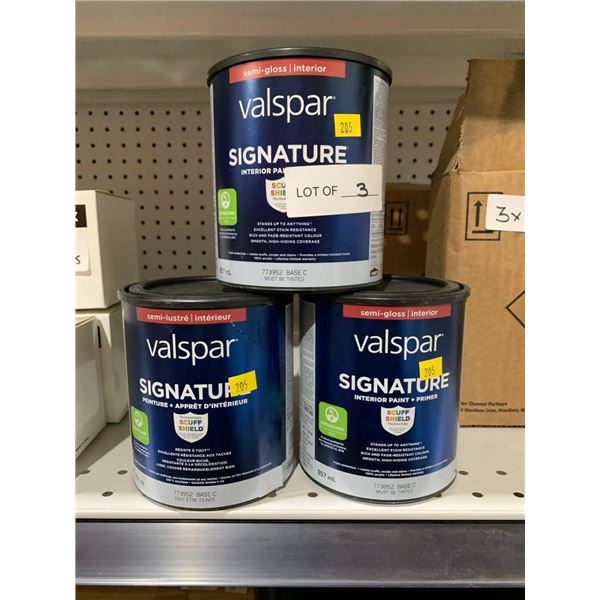 Lot of 3 Valspar Signature Interior Paint, Semi-Gloss, 857 mL Each