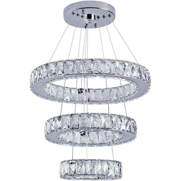 Modern Crystal Chandelier Light, LED 3 Rings Crystal Ceiling Lighting Adjustable Stainless Steel Big