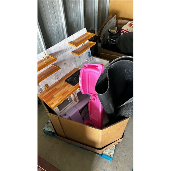 PALLET LOT  Mixed Lot Featuring Toy Kitchen Set, Tower Fan, and LED Floodlight