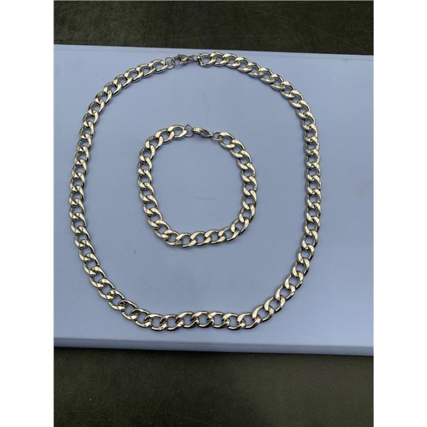 Heavy Silver-Toned Chain Necklace 20 inch and Bracelet Set