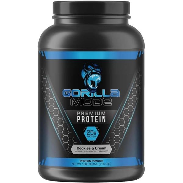 Gorilla Mode Premium Protein Powder, 25g Per Scoop, Cookies and Cream, 3.28 Lb