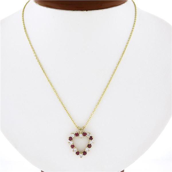 NEW 14K Gold 1.50 ctw Alternating Round Diamond & Ruby Open Heart Pendant w/ Cha
