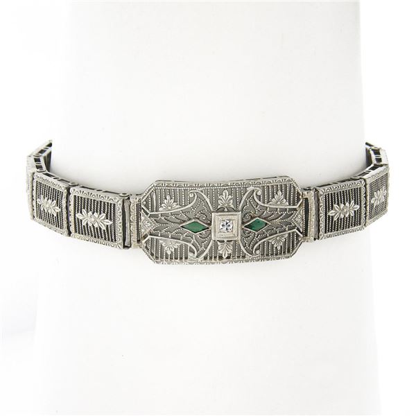 Antique Art Deco 10k Gold 6.5" Diamond & Kite Emerald Filigree Link Bracelet