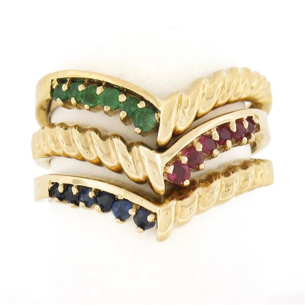 (3) 14K Yellow Gold 0.42 ctw Ruby Emerald & Sapphire Stackable V Band Rings