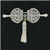 Image 2 : Antique Belle Epoque Plat 10k Gold Diamond Blue Stone Pin Brooch w/ Pearl Dangle
