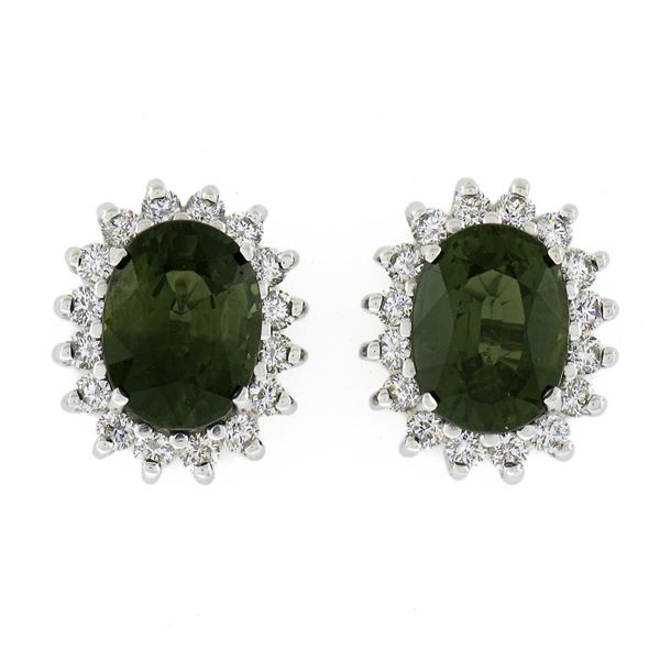 14K White Gold 3.98 ctw Oval Green Sapphire & Round Diamond Halo Stud Earrings