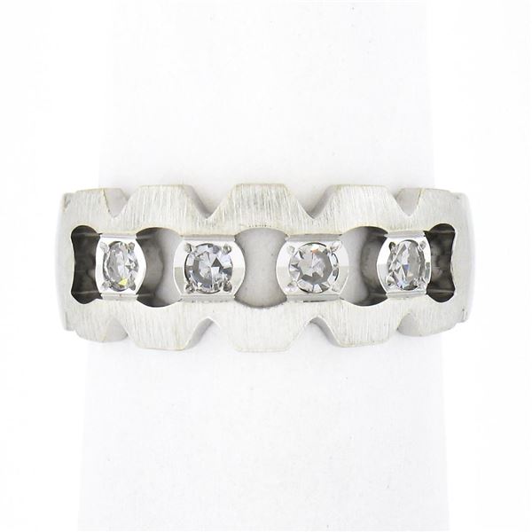 Vintage 14K White Gold Diamond Illusion Open Work Matte Finish Wide Band Ring