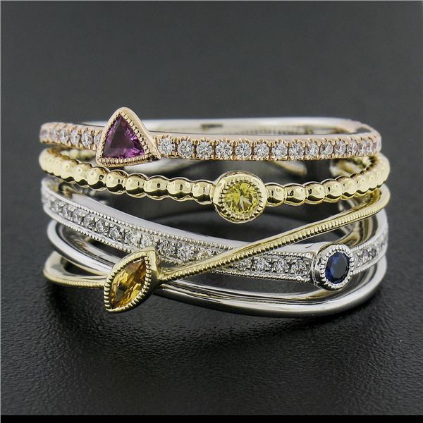 14k Tri Color Gold .60 ctw Multi Color Sapphire & Diamond Crossover Wide Band Ri