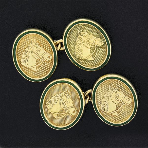 Men's English 18k Yellow Gold DETAILED Horse Head Green Enamel Border Cuff Links