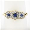 Vintage British 9k Gold Round White & Blue Cubic Zirconia 3 Flower Cluster Ring