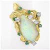 Image 2 : Vintage 18k Gold GIA Pear Cabochon Opal w/ Diamond & Emerald Bark Textured Ring