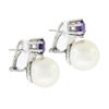 Image 3 : Vintage 18k White Gold Large 14mm White Pearl Round Amethyst Drop Omega Earrings