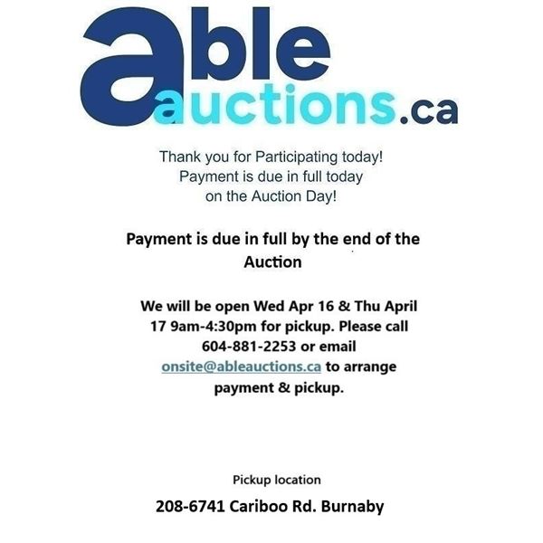 All items must be removed Wed Apr 16 & Thu April 17 9am-4:30pm