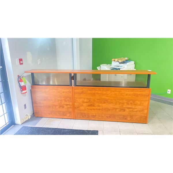 L SHAPED 96"W X 80"L 4 DRAWER LOCKING RECEPTION DESK WITH KEYS