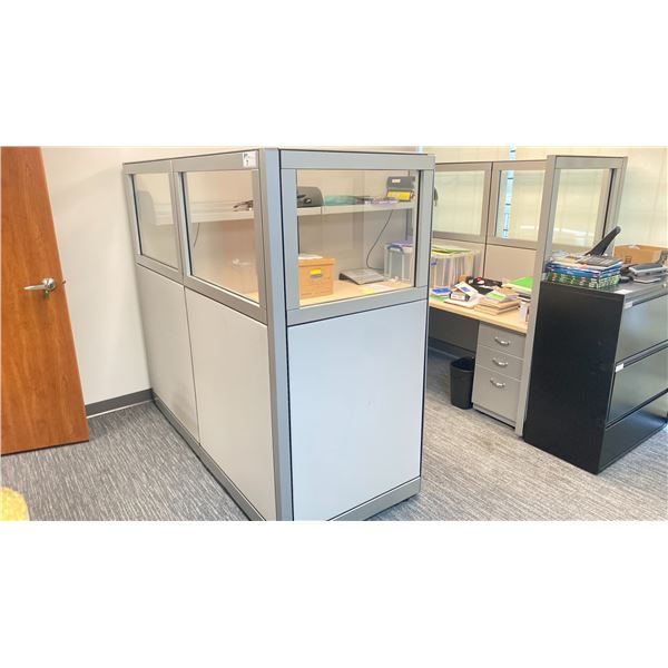 OFFICE CUBICLE WITH 8 SECTION PARTITION- 101"W X 76"D X 67"H, A LIGHT WOODEN 96"W X 72"L X 29"H