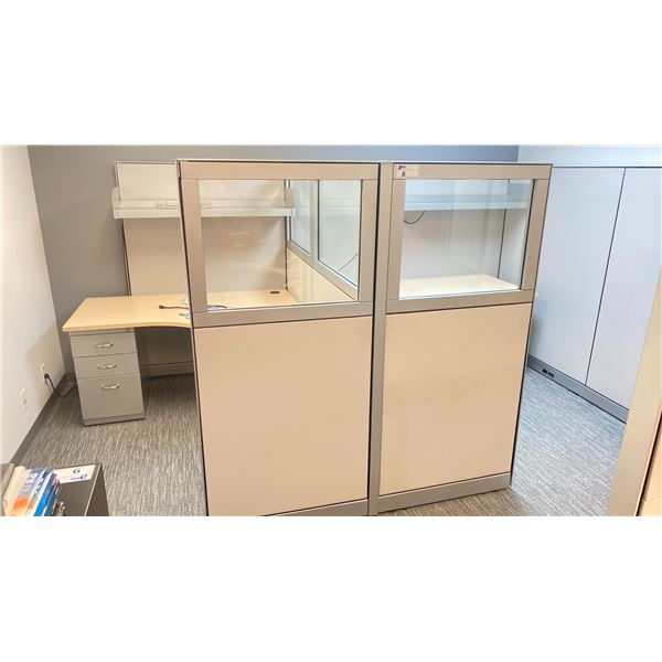 OFFICE CUBICLE WITH 8 SECTION PARTITION - 129"W X 81"D X67"H, 2 LIGHT WOODEN 72"W X 30"D X 28"H
