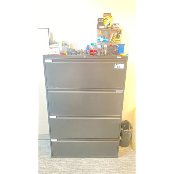 ULINE BLACK 4 DRAWER LATERAL STORAGE CABINET WITH ASSORTED OFFICE CONTENTS