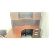Image 2 : DARK WOODEN L SHAPE 3 DRAWER 66"W X 66"L X 66"H DESK WITH HUTCH & A 6'W WHITE BOARD