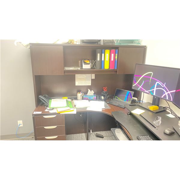 DARK WOODEN L SHAPE 3 DRAWER 66"W X 66"L X 66"H DESK WITH HUTCH &  A DARK WOODEN 3 TIER 33"W X 12"D