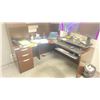 Image 2 : DARK WOODEN L SHAPE 3 DRAWER 66"W X 66"L X 66"H DESK WITH HUTCH &  A DARK WOODEN 3 TIER 33"W X 12"D