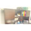 Image 4 : DARK WOODEN L SHAPE 3 DRAWER 66"W X 66"L X 66"H DESK WITH HUTCH &  A DARK WOODEN 3 TIER 33"W X 12"D