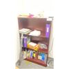Image 5 : DARK WOODEN L SHAPE 3 DRAWER 66"W X 66"L X 66"H DESK WITH HUTCH &  A DARK WOODEN 3 TIER 33"W X 12"D