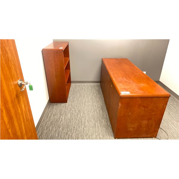 CHERRY COLORED 70"W X 24"D X 29"H 4 DRAWER OFFICE DESK WITH KEYBOARD TRAY & A CHERRY COLORED 3 TIER