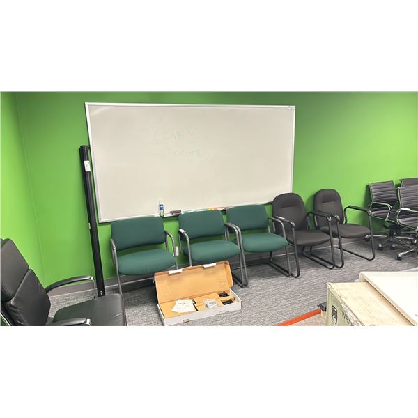3 GREEN CLIENT CHAIRS, 2 BLACK CLIENT CHAIRS, A 13" - 27" MONITOR MOUNT IN BOX, A QUARTET 63"W