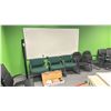 Image 1 : 3 GREEN CLIENT CHAIRS, 2 BLACK CLIENT CHAIRS, A 13" - 27" MONITOR MOUNT IN BOX, A QUARTET 63"W