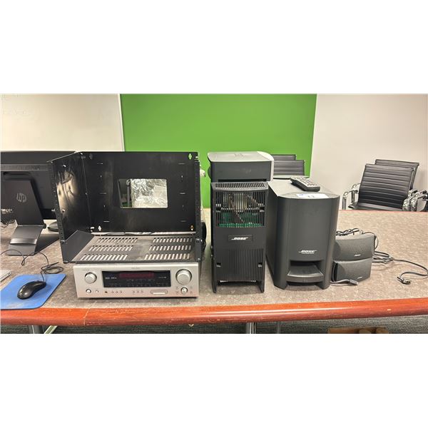BOSE PS3-2-1 II POWERED SPEAKER SYSTEM, BOSE BASS, PAIR OF SMALL BOSE SPEAKERS WITH CORDS, BOSE