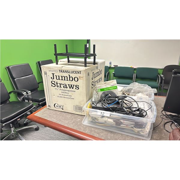 2 PLASTIC BINS OF ASSORTED ELECTRICAL CORDS, POWER CORDS, INTERNET CABLES, POWER BARS, A62 WIFI