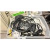 Image 2 : 2 PLASTIC BINS OF ASSORTED ELECTRICAL CORDS, POWER CORDS, INTERNET CABLES, POWER BARS, A62 WIFI