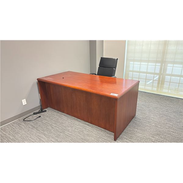 CHERRY COLORED 70"W X 36"D X 29"H 6 DRAWER OFFICE DESK WITH KEYBOARD TRAY & A