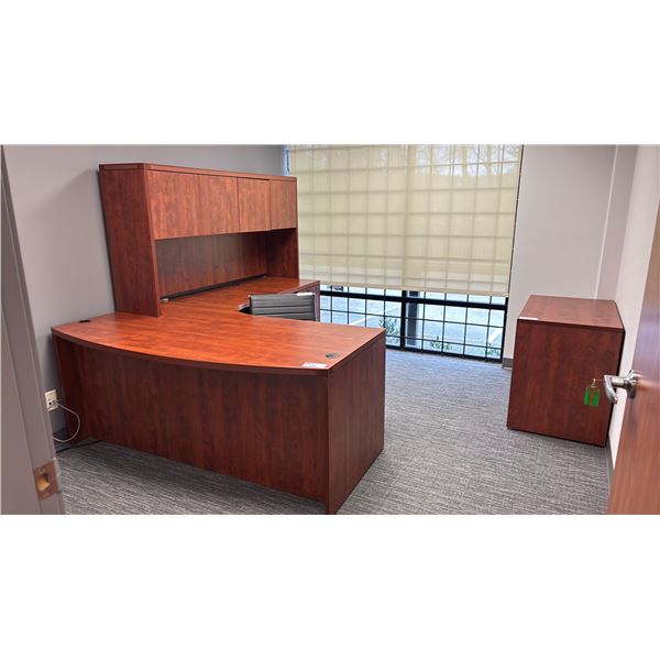 CHERRY COLORED EXECUTIVE L SHAPE 71"W X 95"D X 66"H 3 DRAWER OFFICE DESK WITH HUTCH, CHERRY COLORED